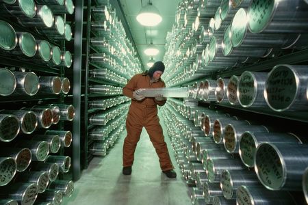 Ice cores in Colorado are stored in a freezer at -33F. The core pictured here is from Greenland. 