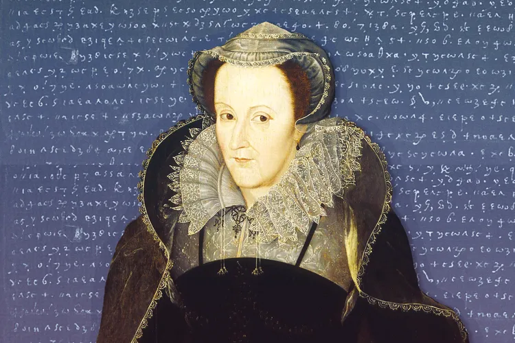 A portrait of Mary, Queen of Scots, overlaid on one of her coded letters