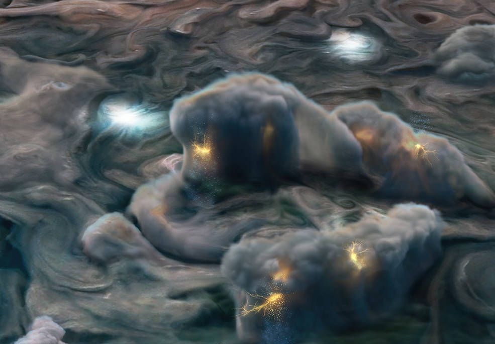 A gray, swirling cloud with bright spots of lightning