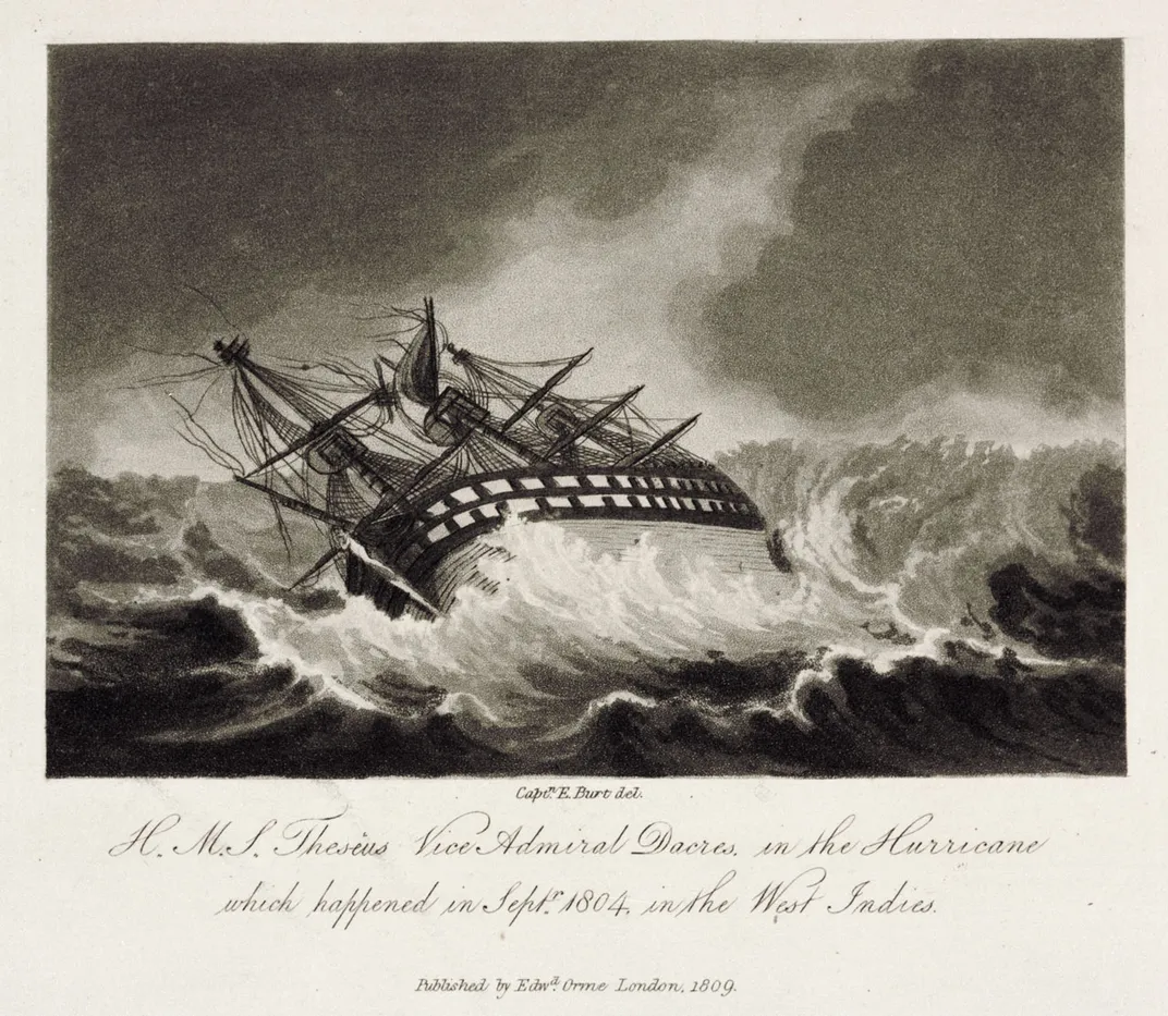 Engraving of ship being tossed in waves