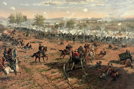 L. Prang & Co. print of the painting Hancock at Gettysburg by Thure de Thulstrup, showing Pickett's Charge. 