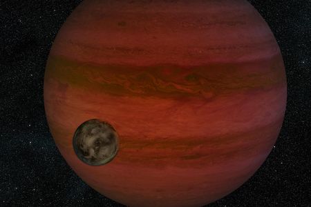 An artist's rendering of the MOA-2011-BLG-262 system, which hosts a potential exomoon orbiting a Jupiter-like planet.