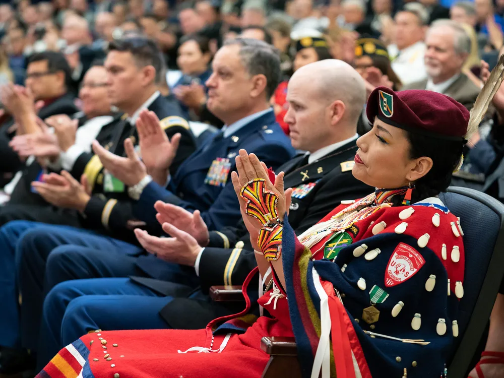 Chief Warrant Office Two Misty Dawn Lakota (Oglala Lakota) takes part in the White House Conference on Supporting Contemporary Native American Veterans. Washington, D.C., November 19, 2019. (White House photo by Andrea Hanks)