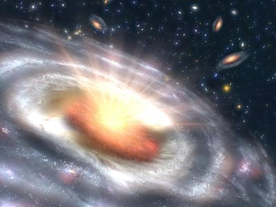 An artist's vision of a brilliant quasar at the core of a young galaxy.