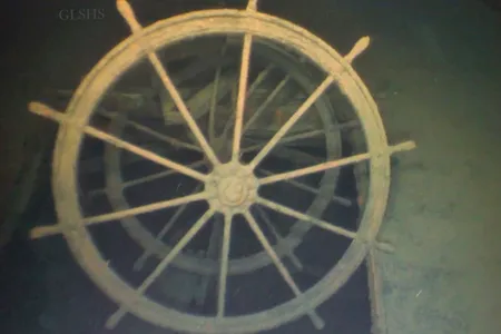 The steering wheel at the site of the newly identified shipwreck