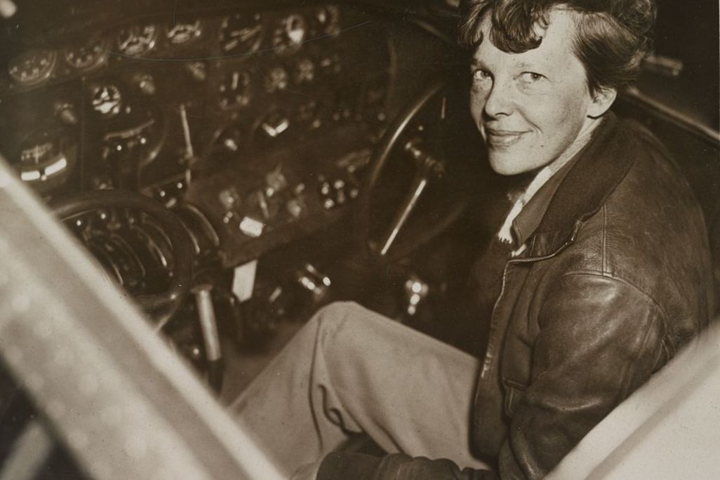 Amelia Earhart in her cockpit