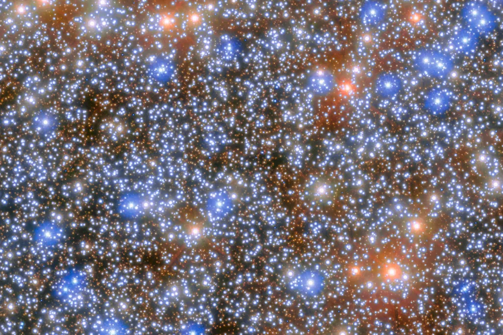 A dense cluster of blue, red and orange stars