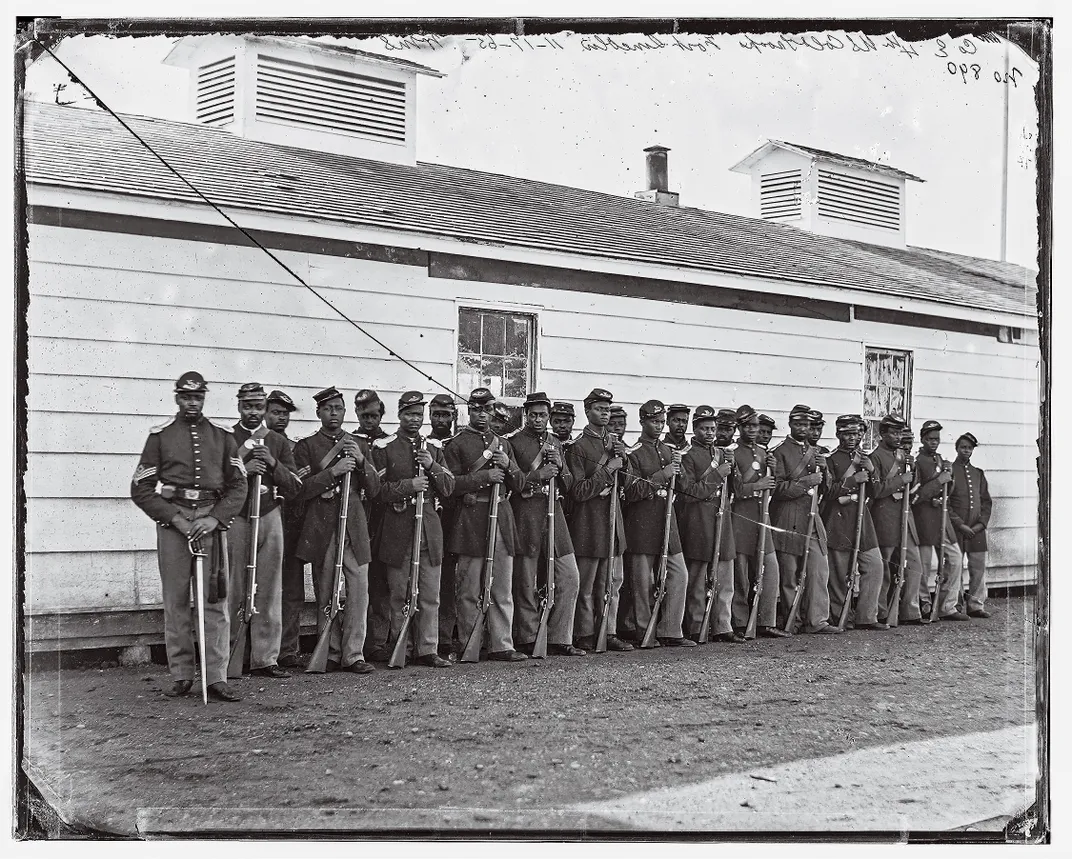 Soldiers stand for a portrait during the Civil War.