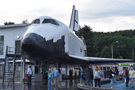 A structural test article of the Soviet Buran space shuttle, on display in Moscow in 2017.