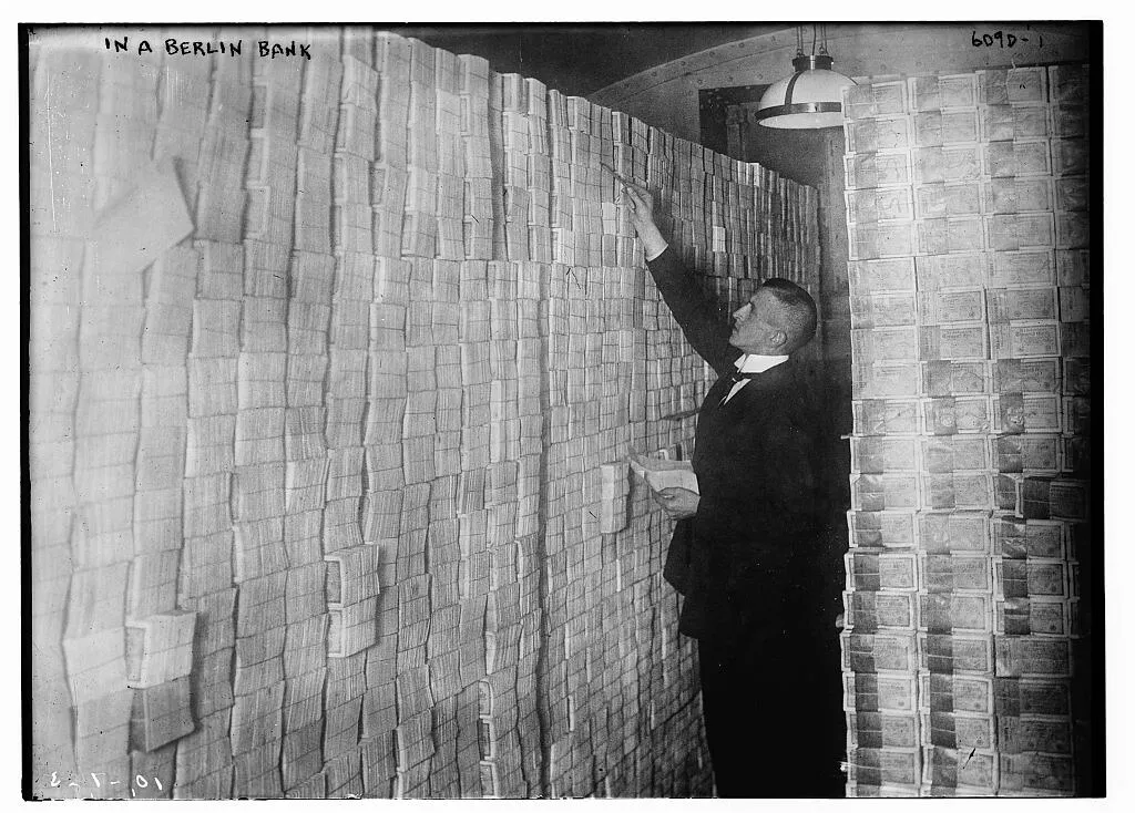 Stacks of banknotes in a Berlin bank in the early 1920s