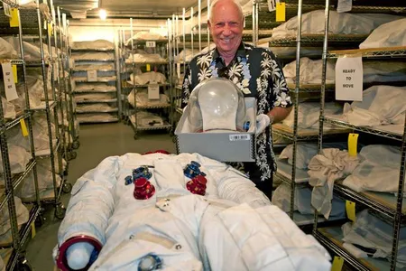 Al Worden visits his Apollo 15 spacesuit at the National Air and Space Museum