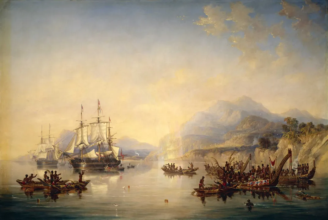 A painting of Erebus and Terror in New Zealand in August 1841