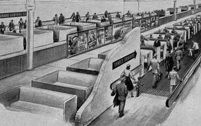 The New York subway system's moving sidewalk of the future by Goodyear (1950s)