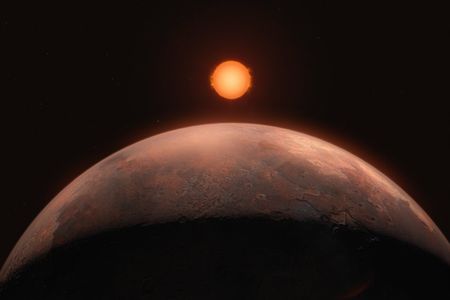 An illustration of the newly detected exoplanet Barnard b, with the red dwarf Barnard&#39;s star in the background.
