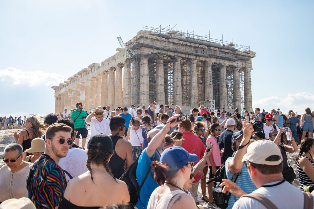 Crowds of tourists at the Acropolis in Greece