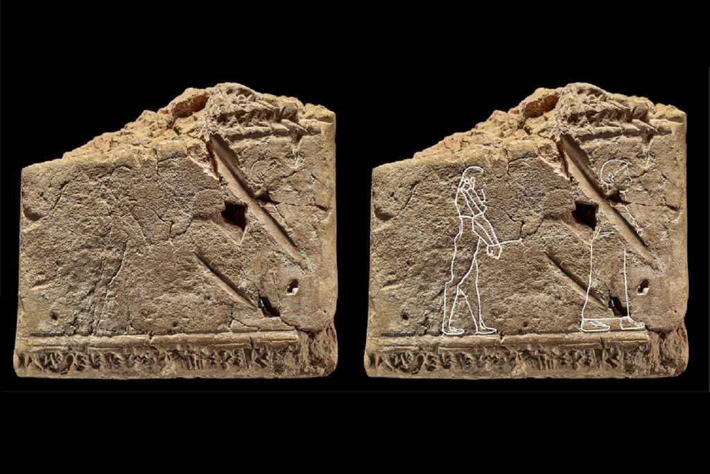 Tablet with superimposed lines outlining ancient etching