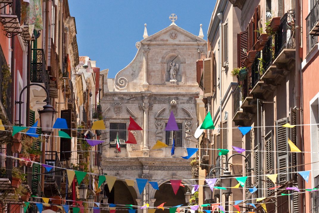 Street and baroque church in Cagliari, Sardinia