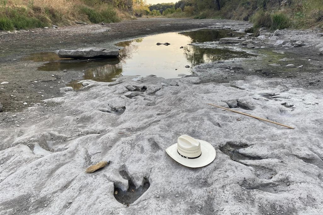 Dinosaur tracks next to cowboy hat by a dried up river