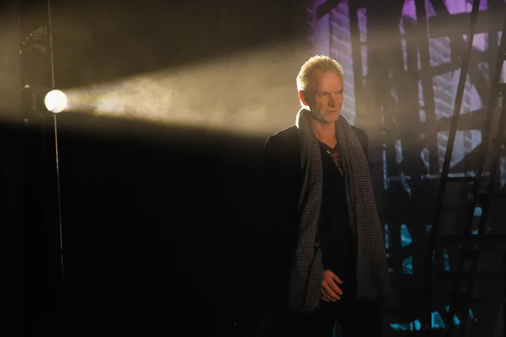 Sting discusses the musical arrangement with cast members during The Last Ship photocall at Northern Stage in Newcastle Upon Tyne, England in 2018.