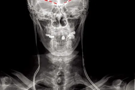 This X-ray of a study participant shows recording electrodes placed in the brain in red, as well as two controllers implanted in the shoulders.