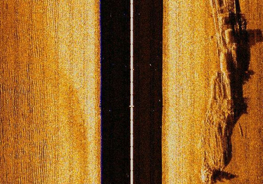 Sonar view of shipwreck under water