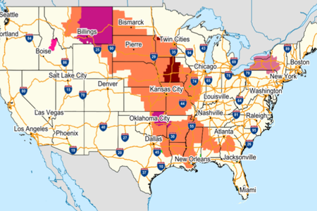 A map from NOAA showing parts of the country that are under heat advisory as of July 27 (orange), excessive heat watch (brown) and excessive heat warning (fuchsia). The shaded areas of the map with heat related advisories or warnings encompass more than 30 million people. 