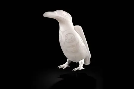 The renowned Tlingit American artist, Preston Singletary created more than 60 glassworks to illustrate the traditional story of the raven, above: White Raven (Dleit Y&eacute;il), 2018,&nbsp;and pairing them in an immersive experience with music and projections.