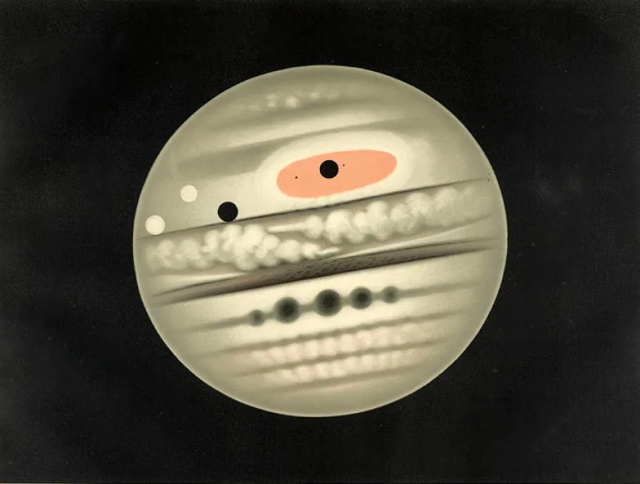 A pastel drawing of the planet Jupiter, which appears as a tan circle containing several black dots and lines and one large red oval.