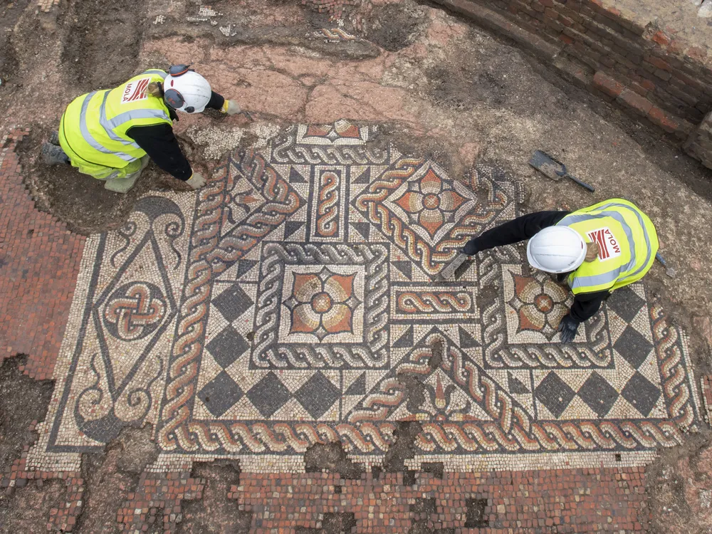 An aerial view of a ten-foot-long section of the newly discovered mosaic