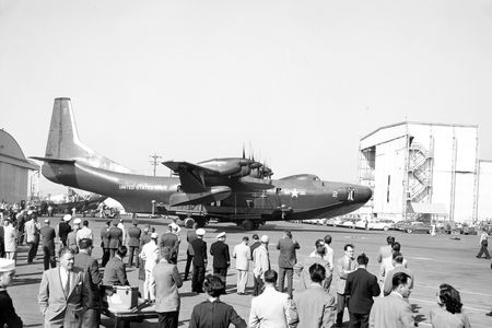 At its November 4, 1954 public debut, an R3Y Tradewind draws a crowd to Convair’s plant in San Diego.
