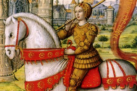 Joan of Arc on horseback in an illustration from a 1505 manuscript.