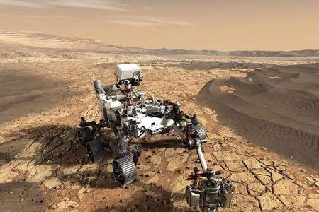 Artist’s conception of the Perseverance rover sampling rocks on the floor of Jezero crater. The rover also carries the Ingenuity helicopter (not shown) that can fly in advance of the rover and scout out high priority rocks and outcrops for the rover to visit.