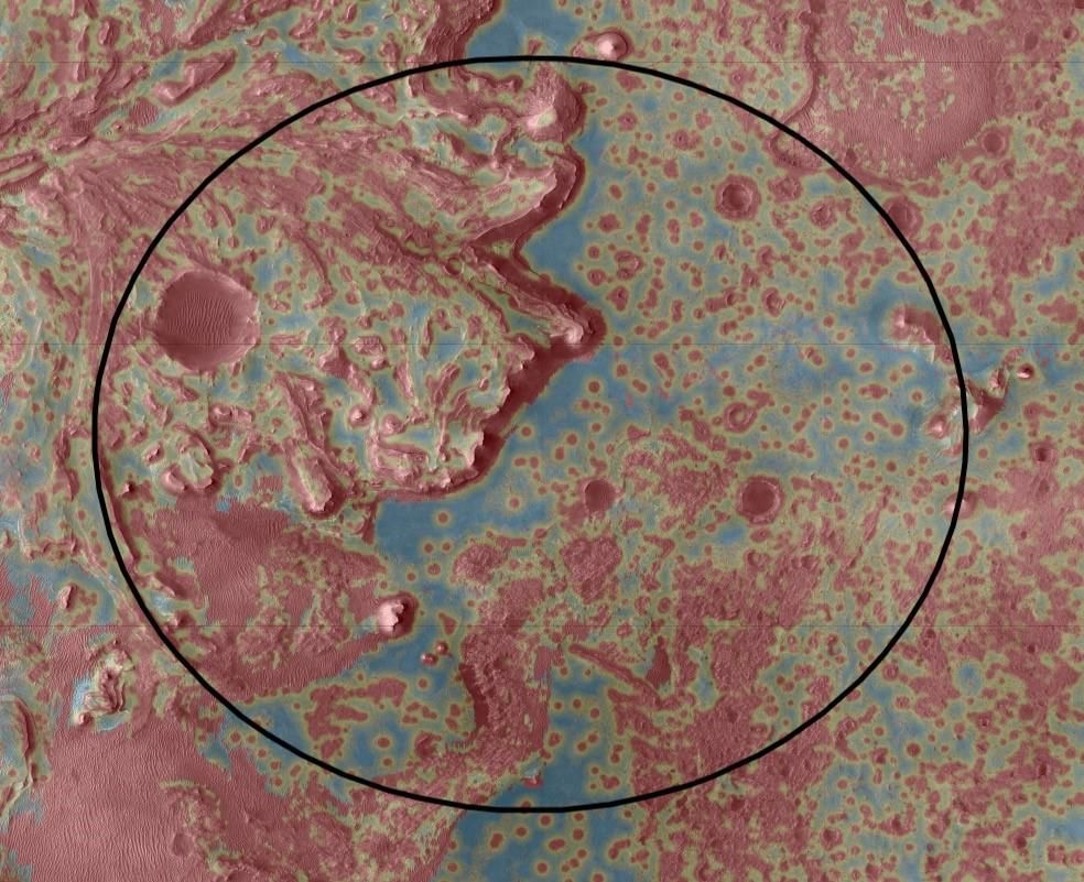 A map of Mars' surface shows features highlighted in red and blue