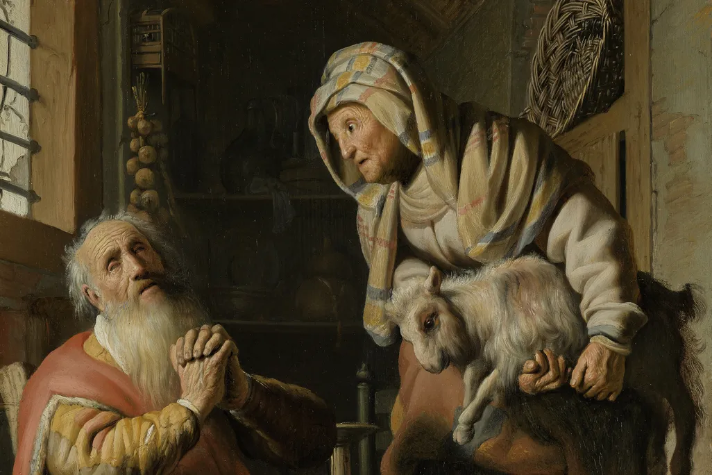 A painting of an elderly man praying while a woman speaks to him, holding a baby goat