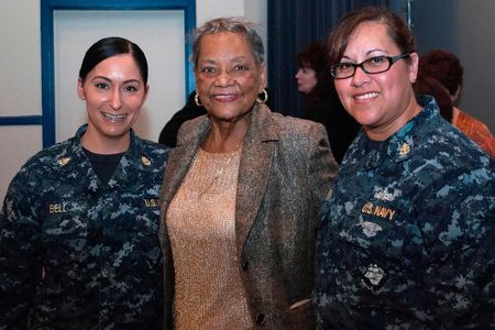Navy Chief Petty Officers are pictured with retired Navy engineer Raye Montague after her keynote speech at a Women's History Month Observance held at Naval Support Activity South Potomac on April 4, 2017. 