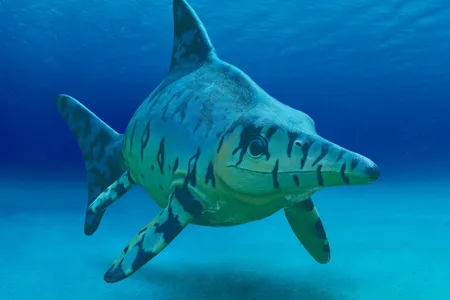 Ichthyosaurs (Greek for "fish lizard") were large marine reptiles that lived alongside the dinosaurs during most of the Mesozoic era. 
