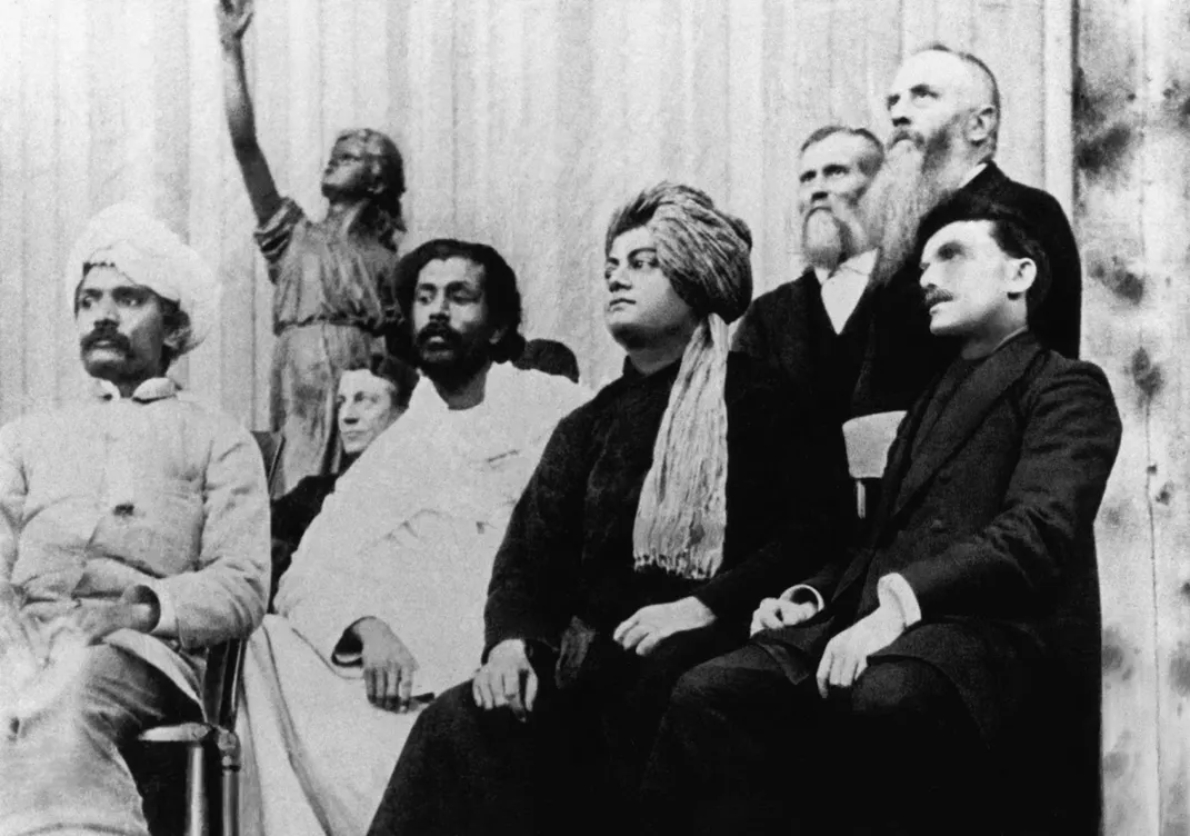 Vivekananda at the 1893 Parliament of the World's Religions (second from right)