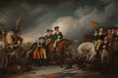 A John Trumbull painting of George Washington's capture of Hessian soldiers in Trenton, New Jersey, in December 1776