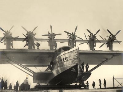 A Dornier Do X flying boat parked on its launch ramp circa 1929—the year the 56-ton transatlantic luxury craft set a passenger-carrying record (169 souls) that stood for two decades. Only three of the type were ever built.