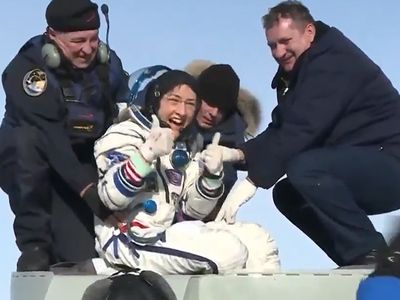 Christina Koch exits the Soyuz spacecraft on February 6.