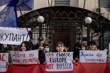 Protesters gather outside of Kyiv in response to Russia&#39;s invasion of Ukraine.