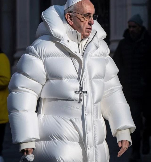 Pope Francis in a white puffer jacket, AI-generated