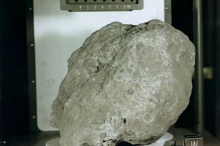 The 20-pound lunar sample designated 14321, also known as "Big Bertha," was the third-largest rock returned from the Moon. Astronauts Alan Shepard and Ed Mitchell found it near the rim of Cone Crater during their second Apollo 14 Moonwalk.