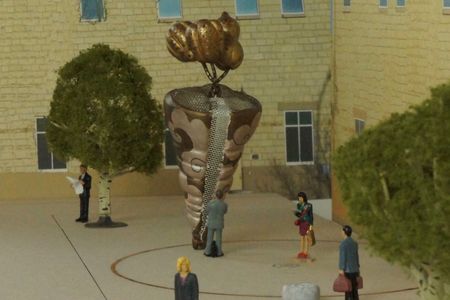 A model of the planned artwork for downtown Albuquerque memorializing the landmark case that expanded the rights of Asian Americans.