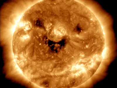 The dark patches on the image of the sun captured by&nbsp;&nbsp;NASA&rsquo;s Solar Dynamics Observatory are trio of coronal holes.&nbsp;