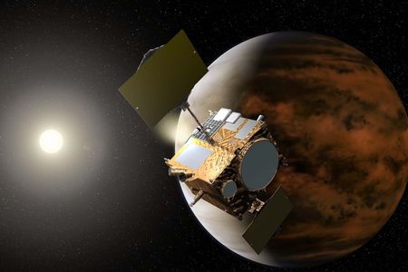 An artist's depiction of the Akatsuki spacecraft in orbit around Venus.