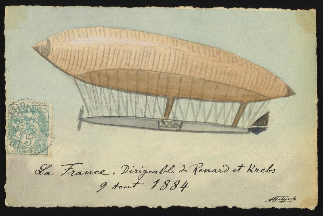 An artist's depiction of the La France airship