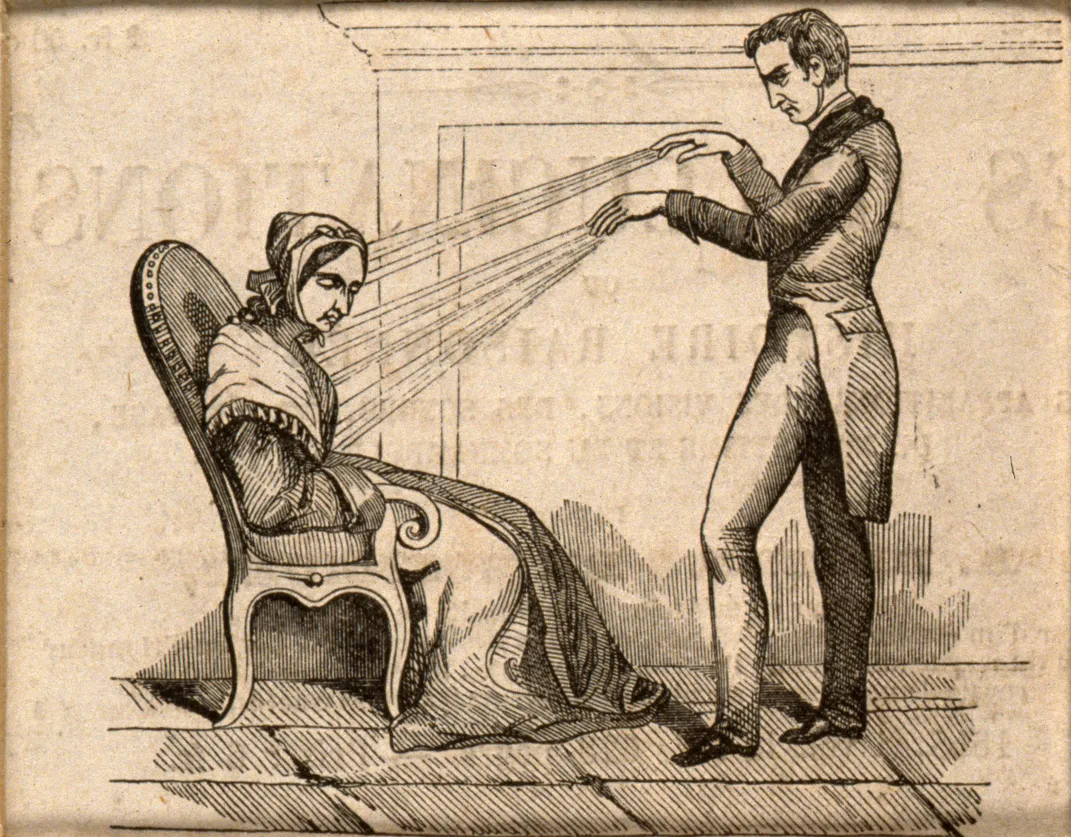 Wood engraving of mesmerism treatment for a woman with convulsions