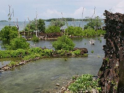 Nan Madol is located near the southern side of the Federated States of Micronesia.  It is the only ancient city ever built atop a coral reef.