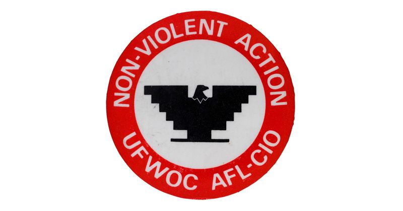 Image of button reading "Non-Violent Action UFWOC AFL-CIO" 